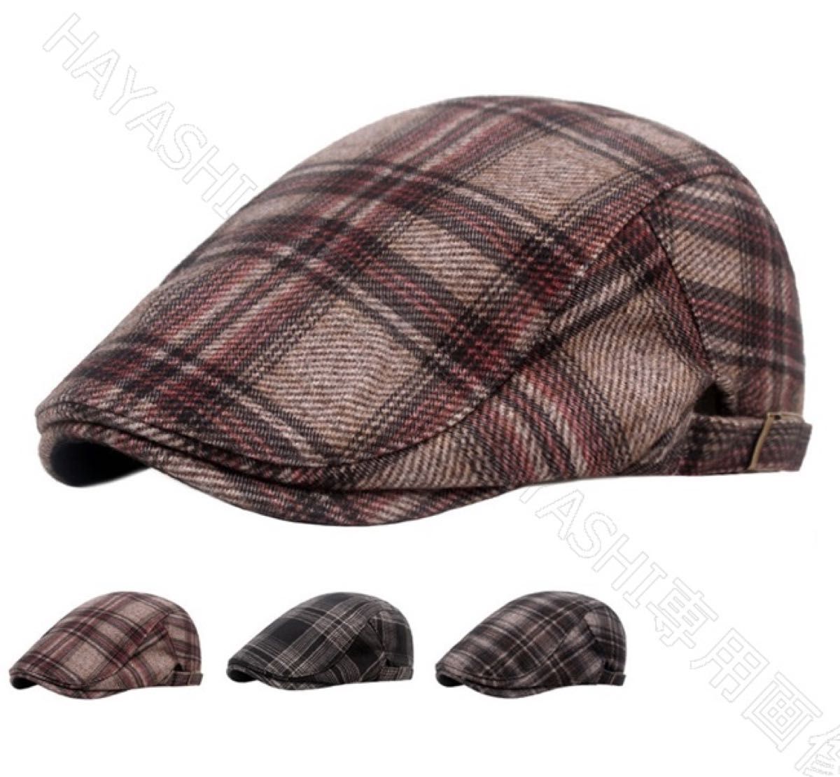 ベレー帽　ハンチング 帽子 レトロフレンチ キャップ   チェック柄    男女兼用　送料無料　ブラック/ブラウン