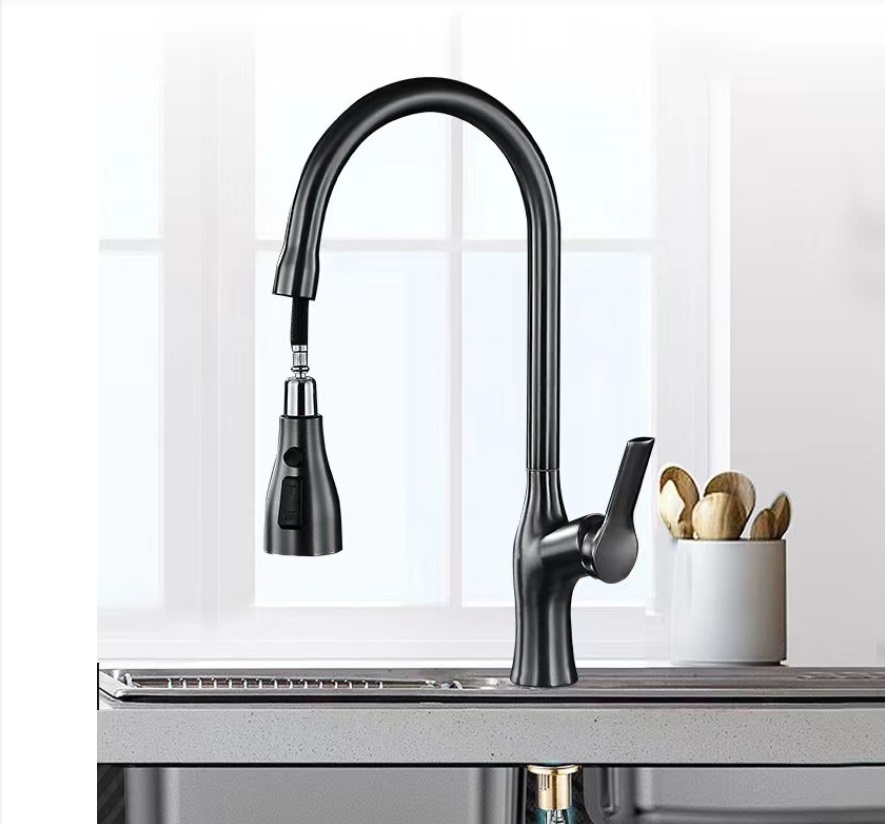 【su112】ブラック キッチン ３水流 引出し式 混合水栓 給水ホース付属 _画像2