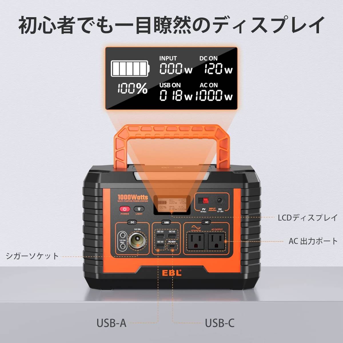 EBL ポータブル電源 1000W 999Wh/270000mAh 大容量 PSE認証済 純正弦波 MPPT AC(1000W 瞬間最大 2000W)/DC/USB/Type-C 急速充電QC3.0_画像7