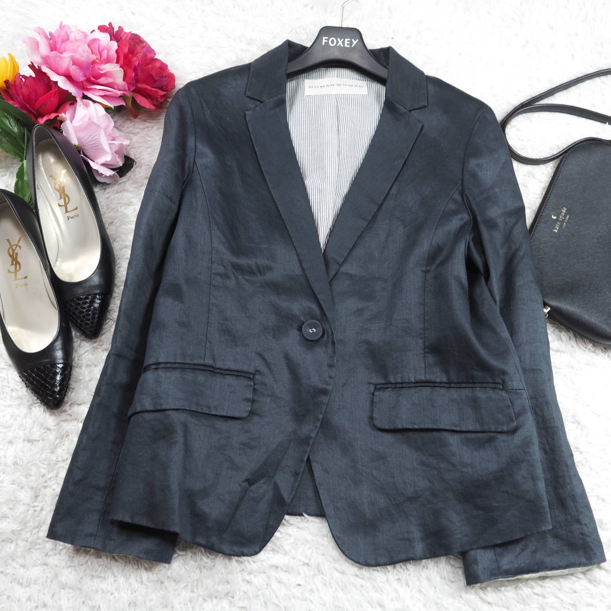 G5421*HUMAN WOMAN Human Woman *linen* tailored jacket * dark blue navy *M