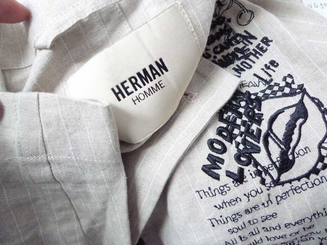 ◆ラグシー別注 HERMAN HOMME ハーマンオム ダブルブレスト ストライプ 落書き 刺繍 アート刺繍 シャツ ジャケット ベージュ サイズS 美_画像6