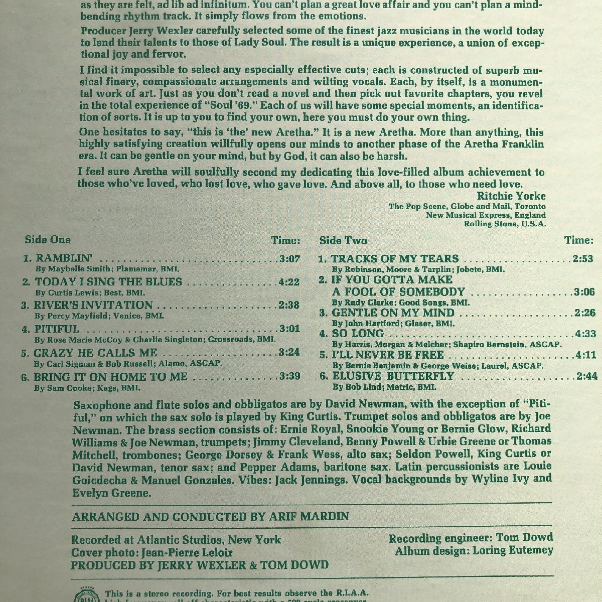 原信夫Collection 良ジャケ 1969年 米国 本国オリジナルリリース盤 Aretha Franklin LPレコード Soul '69: Ron Carter, Kenny Burrell_画像6