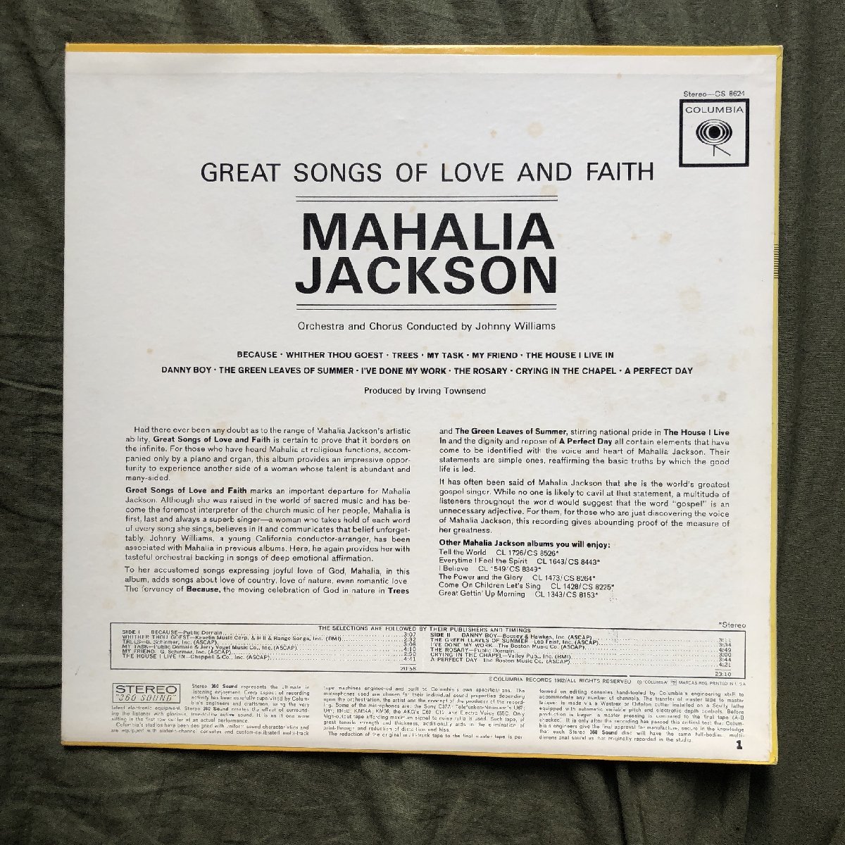 原信夫Collection 美盤 激レア 1962年 CS 8624 米国 本国オリジナルリリース盤 Mahalia Jackson LPレコード Great Songs Of Love And Faith_画像2