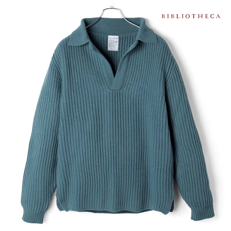 ◆【BIBLIOTHECA(ビブリオテカ)/秋冬/ウールカシミヤリブ編みローゲージスキッパーニットポロ(US MIL RIB STITCH POLO)】[bib2380132-M]