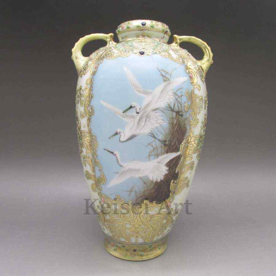 オールドノリタケ ジュール金盛り鳥文花瓶 1900年頃-1910年頃 U2236