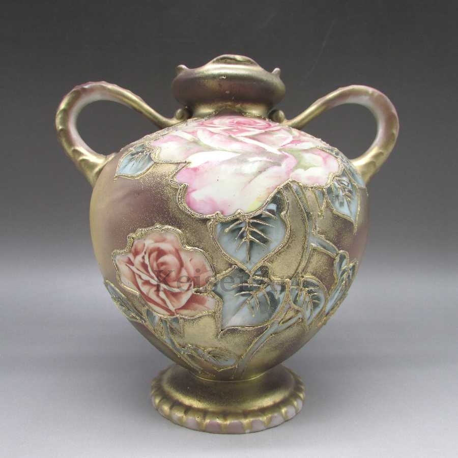 オールドノリタケ 金盛り薔薇文花瓶 1891年頃-1915年頃 U6092