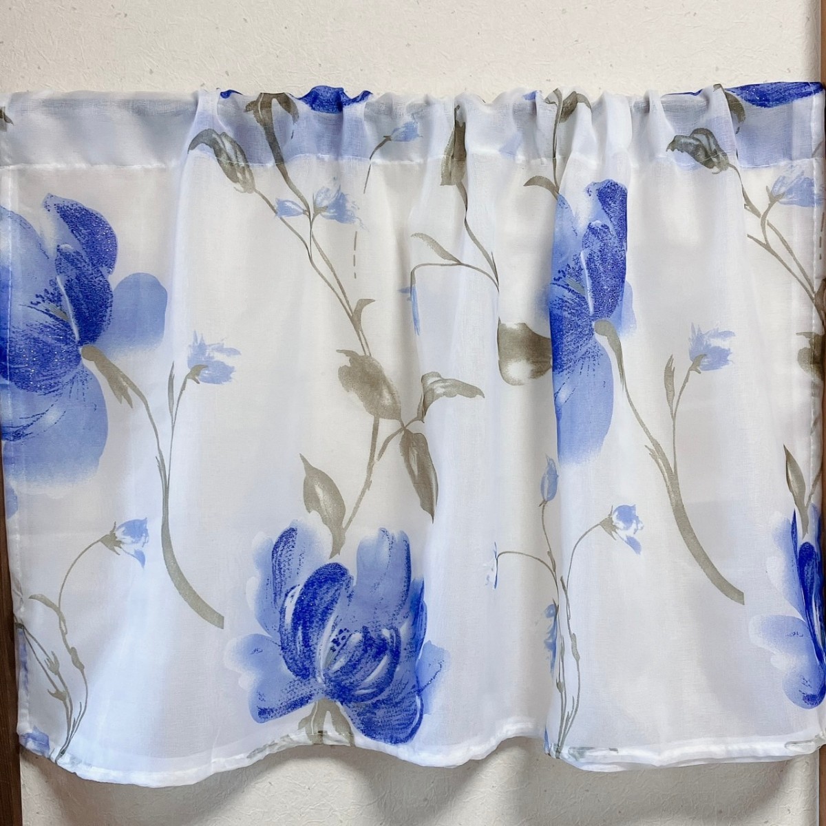 カフェカーテン 二枚重ね 幅100×丈55cm 青花柄 白 レースカーテン