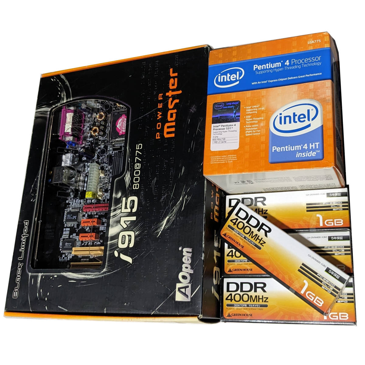 【超特価】 Black MASTER POWER i915Ga-PLF 【新古品セット】AOpen Limited[LGA775] 531)、メモリ4GB CPU(Pen4 + AOpen