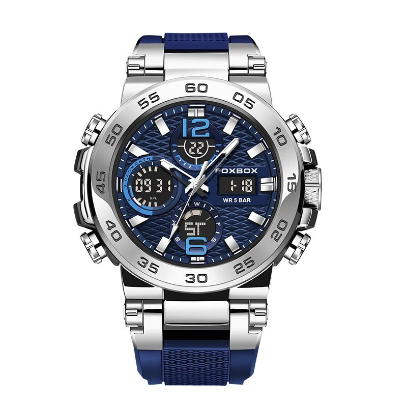 LIGE メンズ 腕時計 8622 高品質 クオーツ ミリタリー スポーツ デュアル ディスプレイ ウォッチ foxbox 防水 時計 シルバー × ブルー_画像1