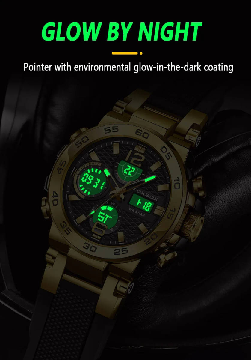 LIGE メンズ 腕時計 8622 高品質 クオーツ ミリタリー スポーツ デュアル ディスプレイ ウォッチ foxbox 防水 時計 シルバー × ブルー_画像3