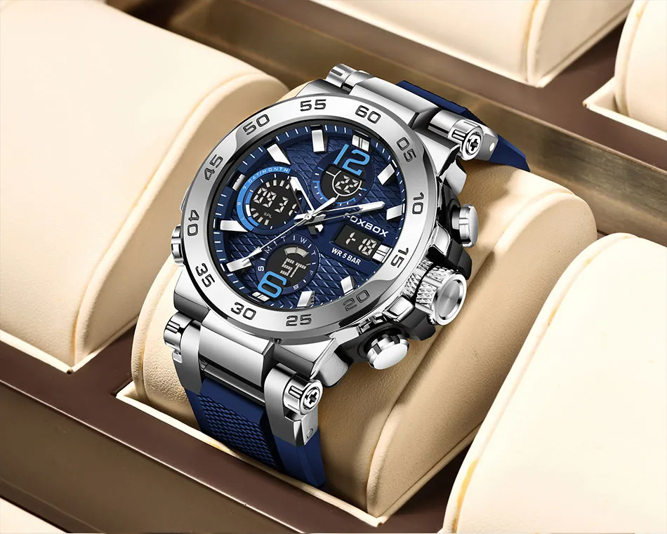 LIGE メンズ 腕時計 8622 高品質 クオーツ ミリタリー スポーツ デュアル ディスプレイ ウォッチ foxbox 防水 時計 シルバー × ブルー_画像2