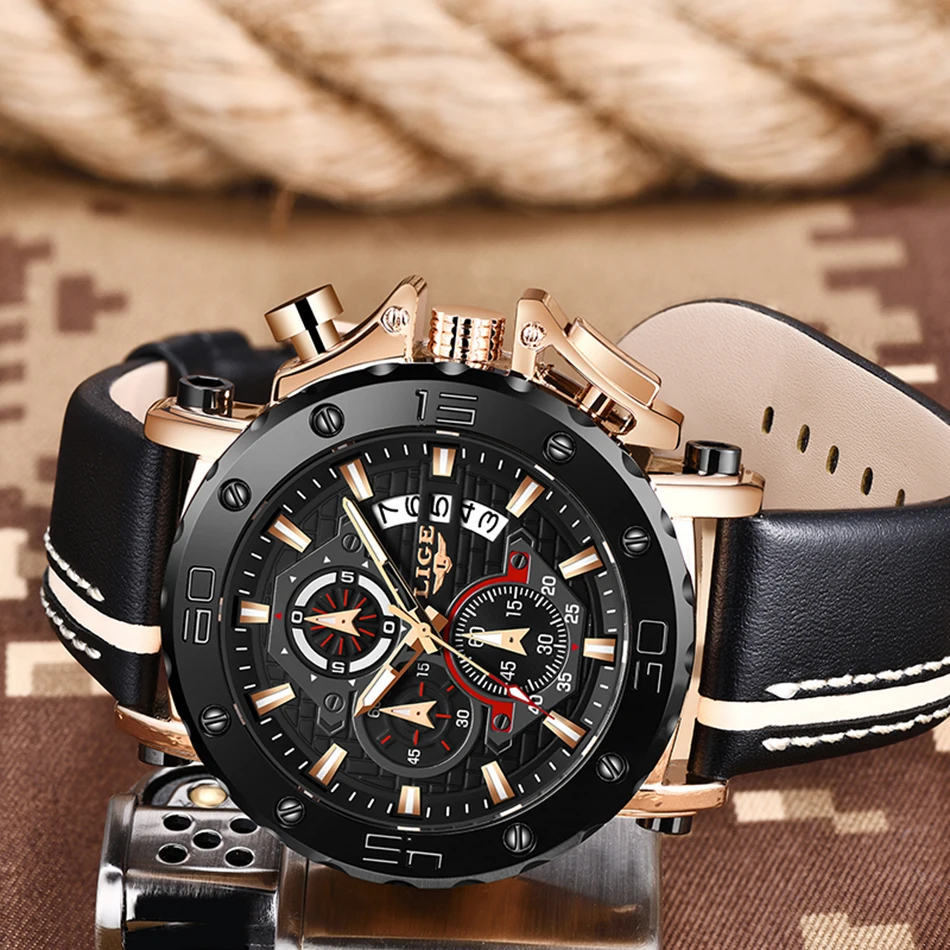 LIGE メンズ 腕時計 高品質 クオーツ カジュアル スポーツ レザー ウォッチ 9996 クロノグラフ 生活防水 時計 Rゴールド × ブラック L_画像8