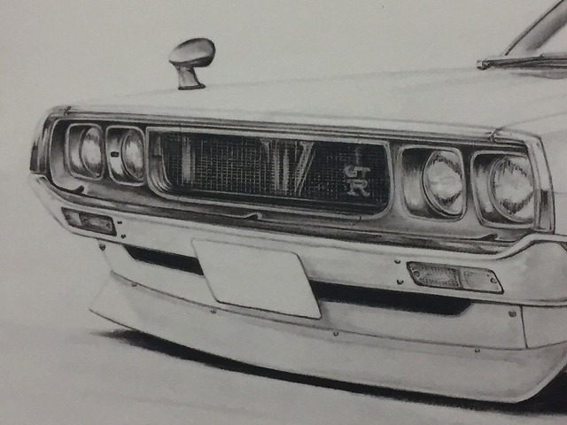 日産 NISSAN スカイライン ケンメリ 4ドア （ヨンメリ）Rタイプ 【鉛筆画】名車 旧車 イラスト A4サイズ 額付き サイン入り_画像2