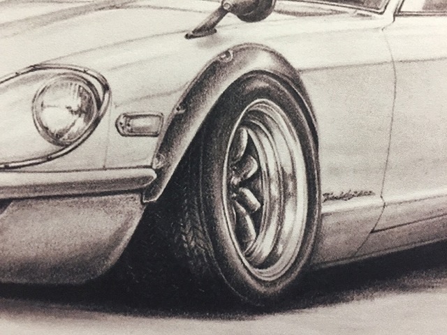  Nissan NISSAN Fairlady 240ZG front [ pencil sketch ] famous car old car illustration A4 size amount attaching autographed 