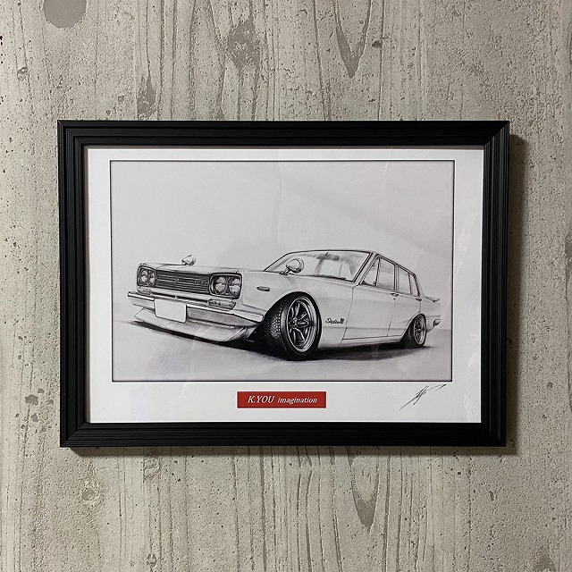 日産 NISSAN スカイライン ハコスカ GTR 4ドア 前期 フロント【鉛筆画】名車 旧車 イラスト A4サイズ 額付き サイン入り_画像7