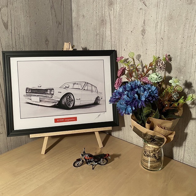 日産 NISSAN スカイライン ハコスカ GTR 4ドア 前期 フロント【鉛筆画】名車 旧車 イラスト A4サイズ 額付き サイン入り_画像8