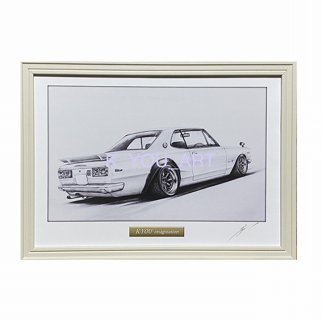 日産 NISSAN スカイライン （ハコスカ） GTR 2ドア リアサイド【鉛筆画】名車 旧車 イラスト A4サイズ 額付き サイン入りの画像1