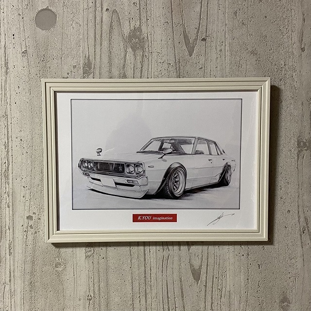 日産 NISSAN スカイライン ケンメリ 4ドア （ヨンメリ）Rタイプ 【鉛筆画】名車 旧車 イラスト A4サイズ 額付き サイン入り_画像7