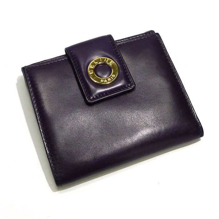 [Используется] Celine W крюк Bi -Cold Compact Wallet Leather Purple