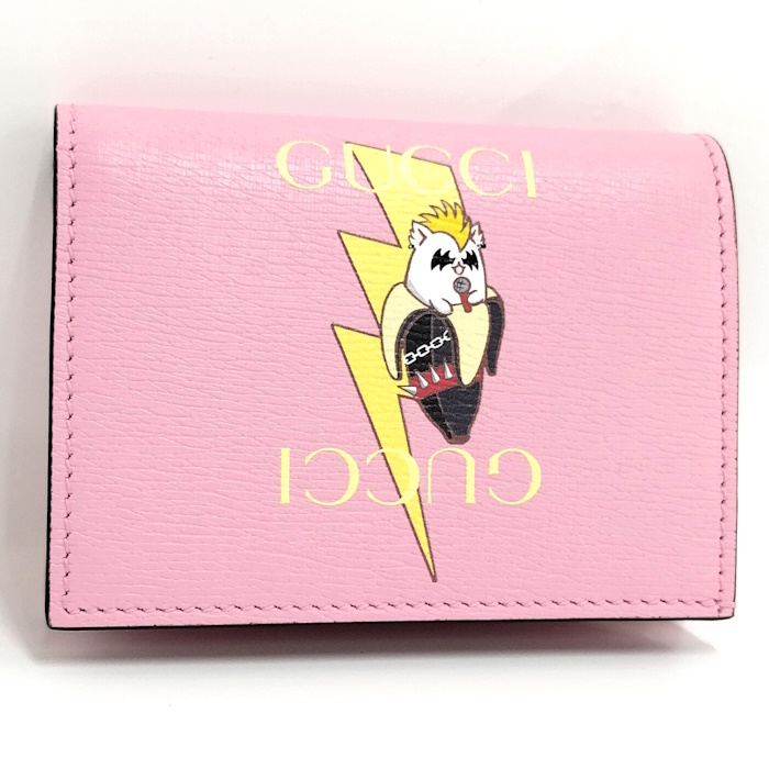 【中古】GUCCI 二つ折り財布 ライトニングボルト ばなにゃ レザー ピンク 701009