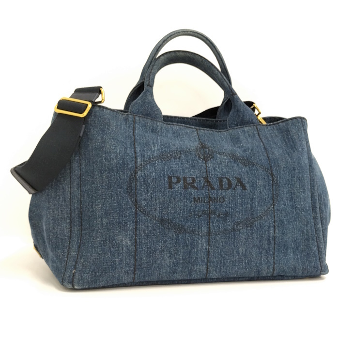 【中古】PRADA カナパ トートバッグ 2WAYショルダーバッグ デニム ブルー 1BG642_画像1