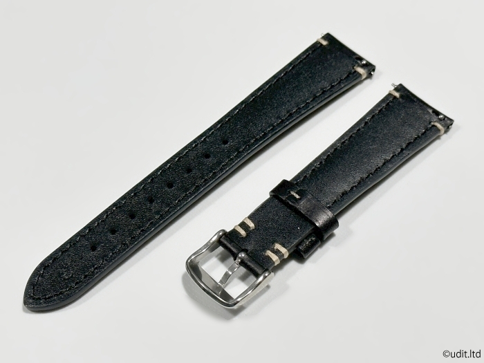 ラグ幅：20mm 本革 レザーベルト カラー：ブラック ハンドメイド 尾錠付き レザーバンド 腕時計ベルト ワンタッチばね棒付属 LB103_カラー：ブラック