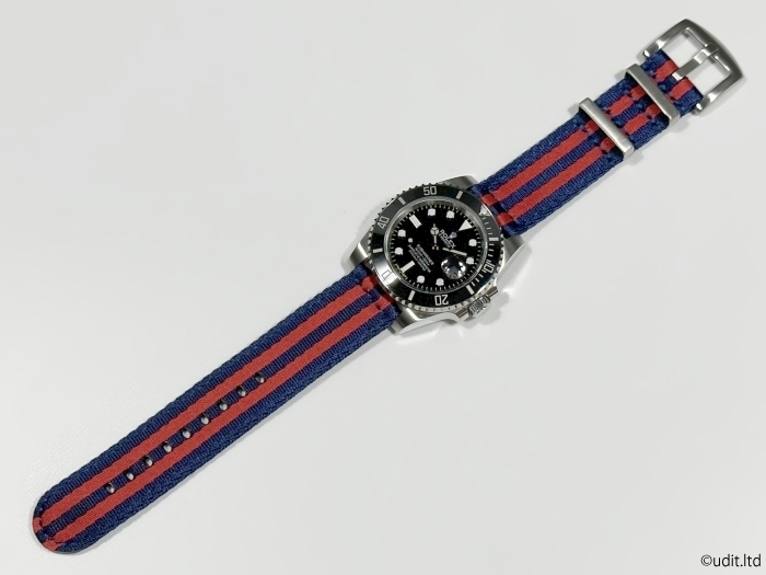ラグ幅:20mm 高品質 分割 NATO ストラップ ファブリック 腕時計ベルト ブルー レッド ダブルストライプ 時計用バンド DBH