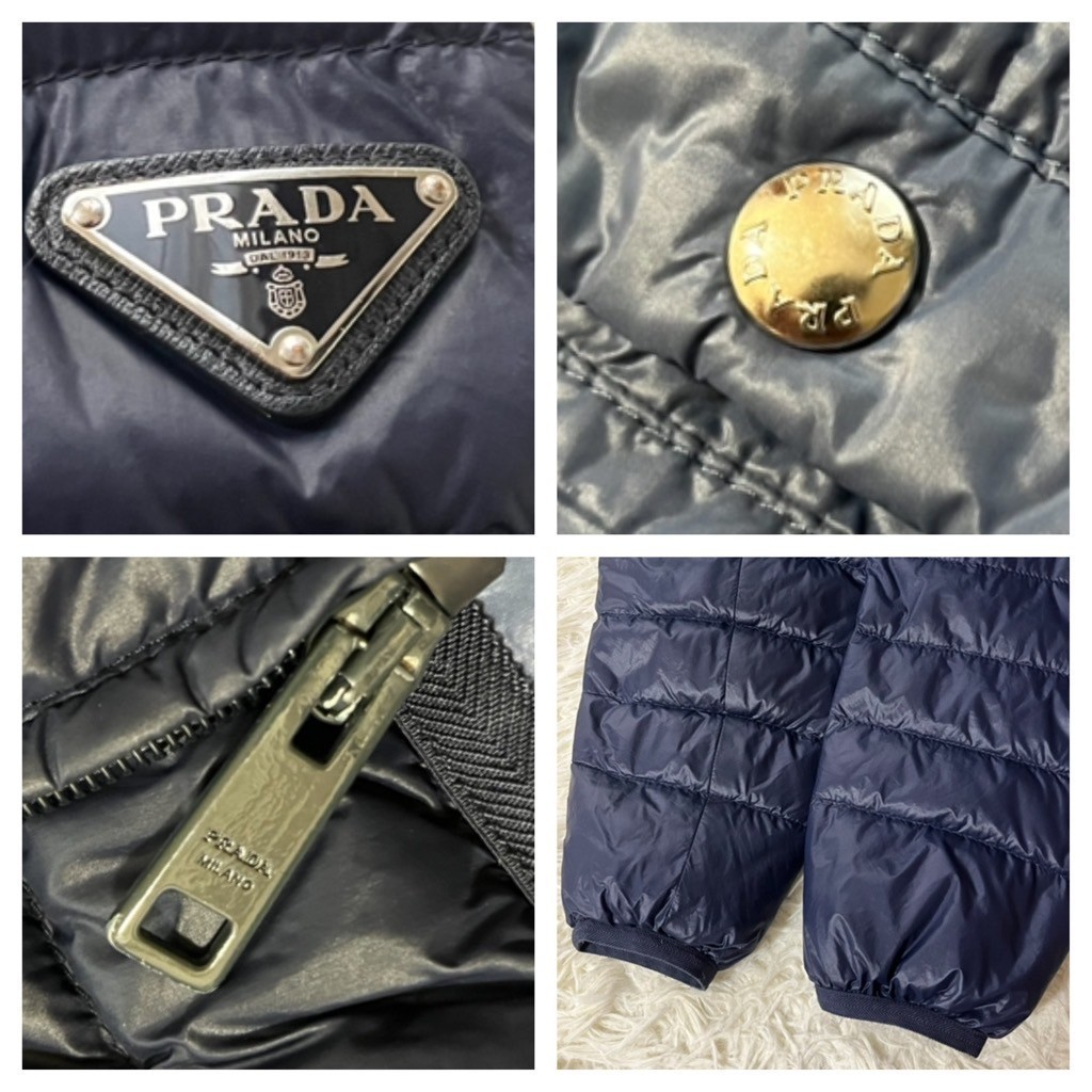 最高級●プラダ PRADA 三角ロゴプレート ダウンジャケット ネイビー フェザー 極光沢 メンズ ハイブラ フード ロゴ刻印ジップ M 46_画像9