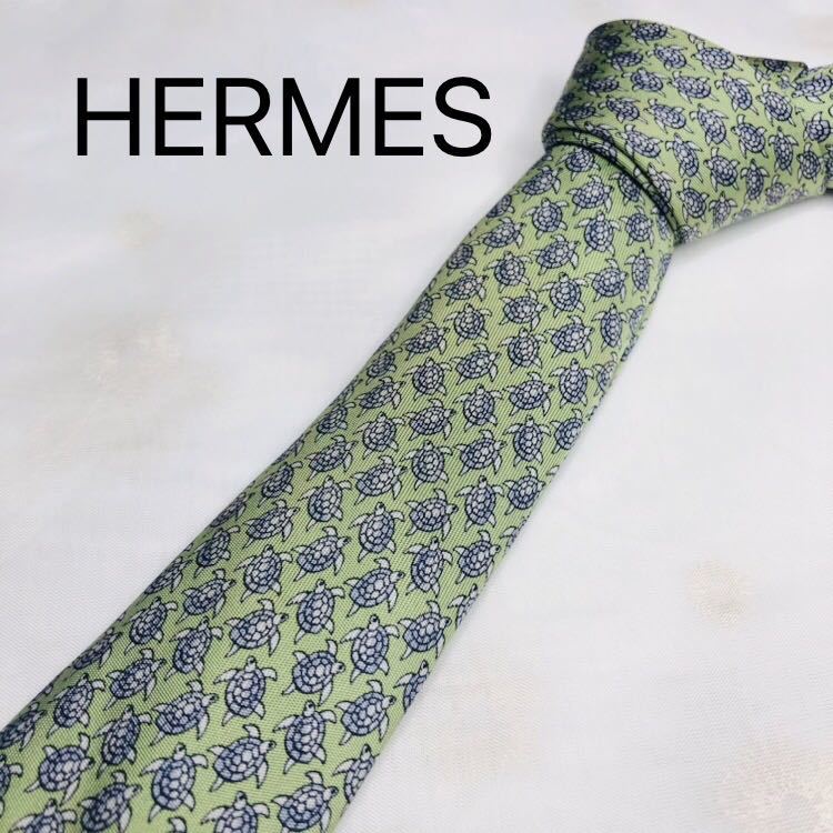 HERMESエルメスネクタイ ハイブランド 抹茶色亀柄 高級シルク100 HERMESエルメスネクタイ ハイブランド 抹茶色亀柄 高級シルク100