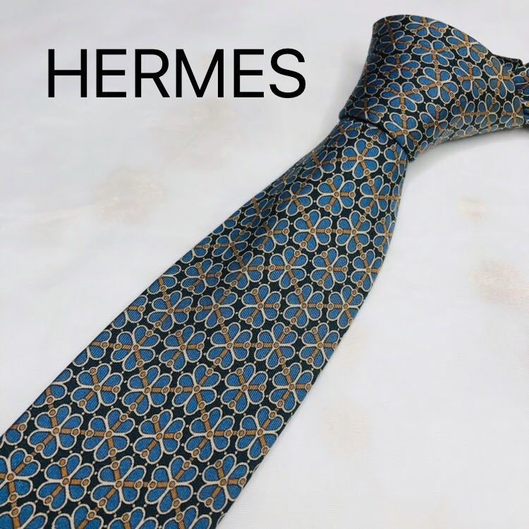 HERMESエルメスネクタイ ハイブランド ネイビークローバー柄 HERMESエルメスネクタイ ハイブランド ネイビークローバー柄