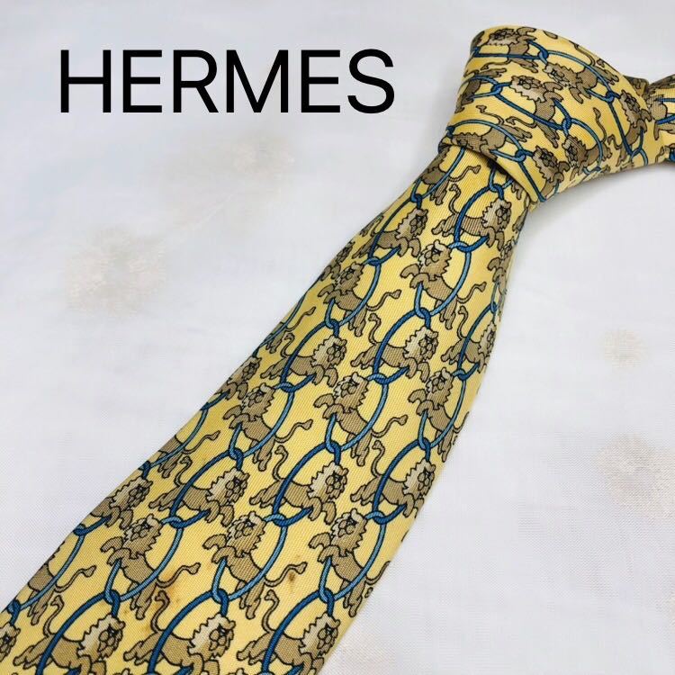 HERMESエルメスネクタイ ハイブランド イエローライオン柄 高級 HERMESエルメスネクタイ ハイブランド イエローライオン柄 高級