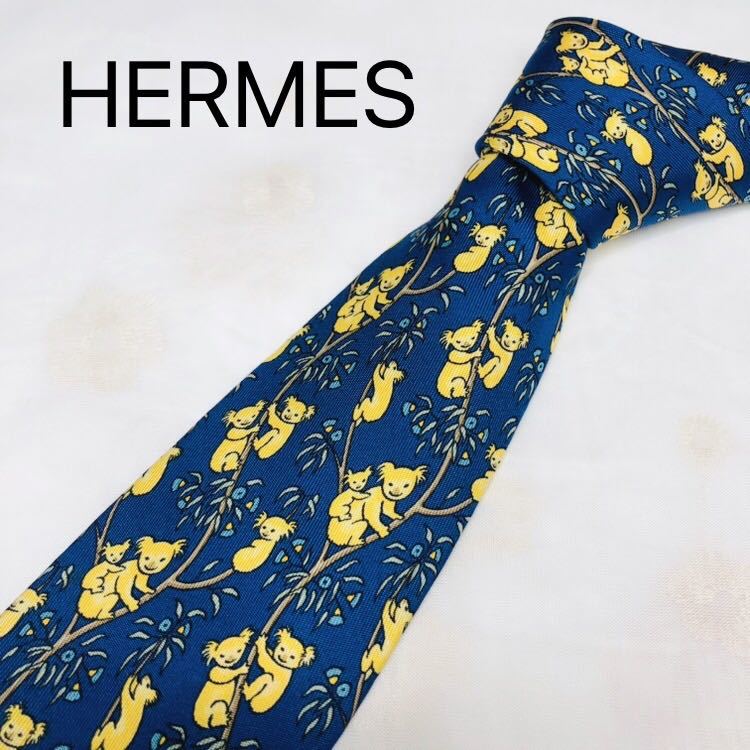 HERMESエルメスネクタイ ハイブランド ネイビーコアラ柄 高級 HERMESエルメスネクタイ ハイブランド ネイビーコアラ柄 高級
