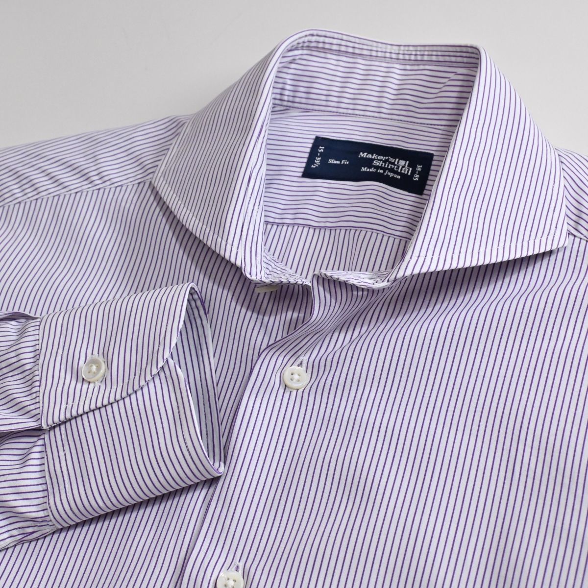 F1 美品 サイズ38-85 鎌倉シャツ 紫ストライプ ワイシャツ 704_画像1