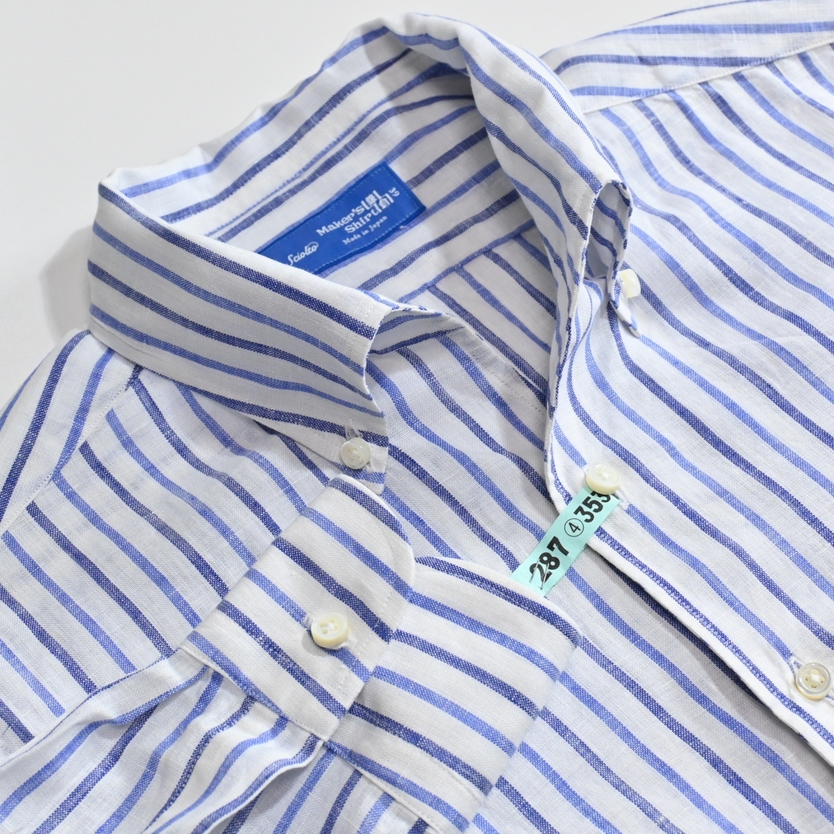 L1 美品 サイズ39 鎌倉シャツ 麻100％ ストライプ ボタンダウン ワイシャツ 05の画像1