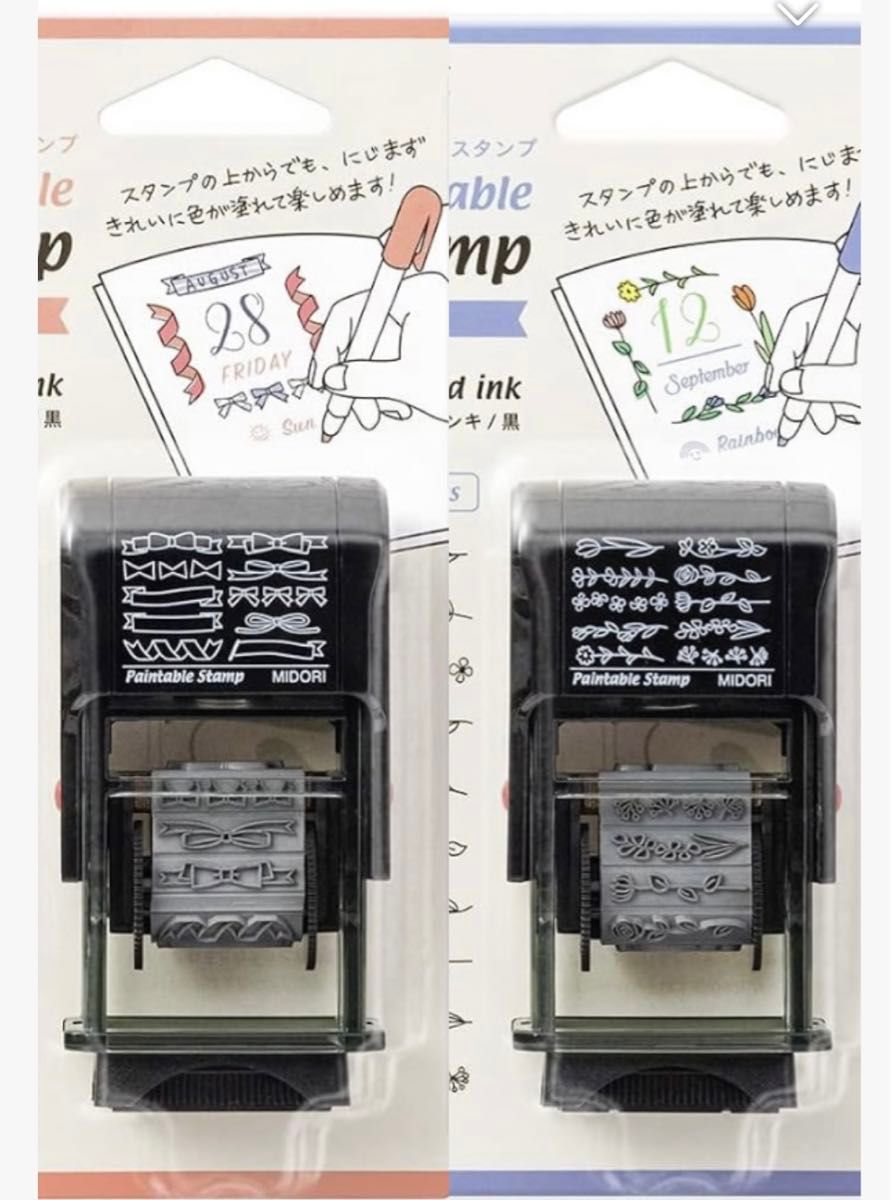 お値下げ未使用品！ミドリ スタンプ 回転印 リボン柄＆ 花柄　２個セット