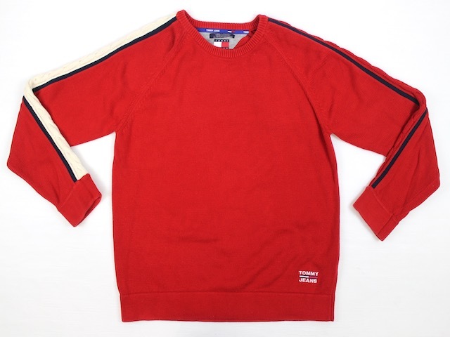 90'S TOMMY JEANSトミーヒルフィガー 袖ライン入り コットンニット(L)レッド_画像1