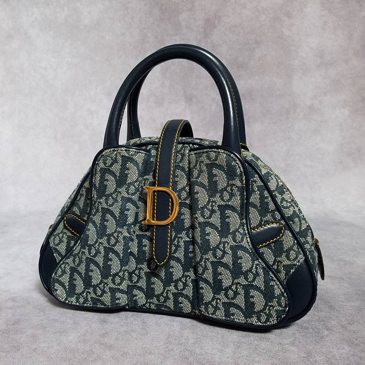 【美品　クリーニング済】　Christian Dior　ディオール　トロッター　ダブルサドル　ハンドバッグ　ロゴ　レザー　キャンバス　ネイビー_画像1