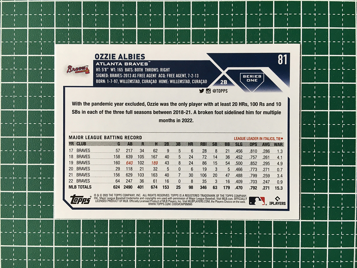 ★TOPPS MLB 2023 SERIES 1 #81 OZZIE ALBIES［ATLANTA BRAVES］ベースカード「BASE」★_画像2