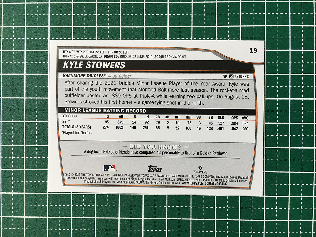 ★TOPPS MLB 2023 BIG LEAGUE #19 KYLE STOWERS［BALTIMORE ORIOLES］ベースカード「COMMON」ルーキー「RC」★_画像2