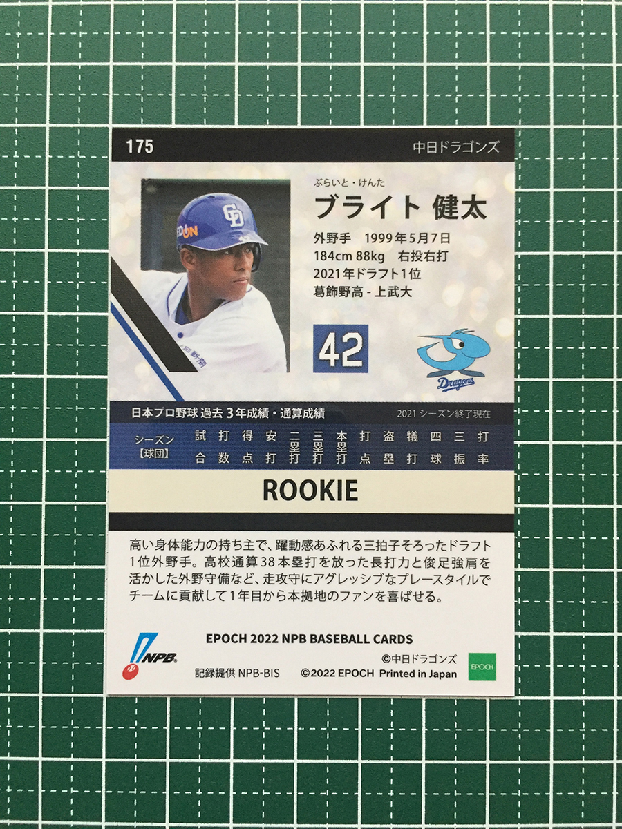 ★EPOCH 2022 NPB プロ野球カード #175 ブライト健太［中日ドラゴンズ］レギュラーカード ルーキー「RC」★_画像2