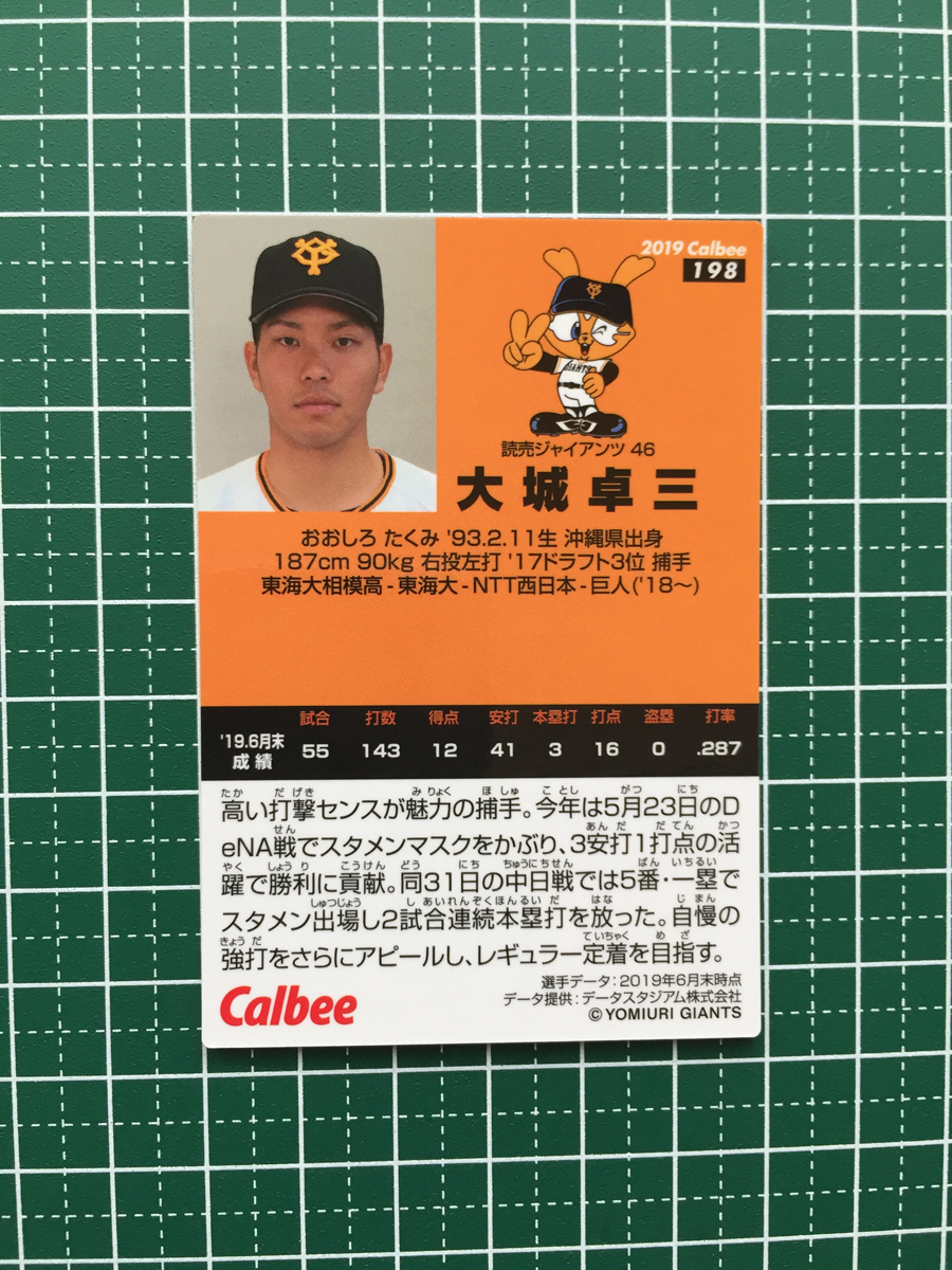 ★カルビー 2019 プロ野球チップスカード 第3弾 #198 大城卓三［読売ジャイアンツ／巨人］第三弾 レギュラーカード 19★_画像2