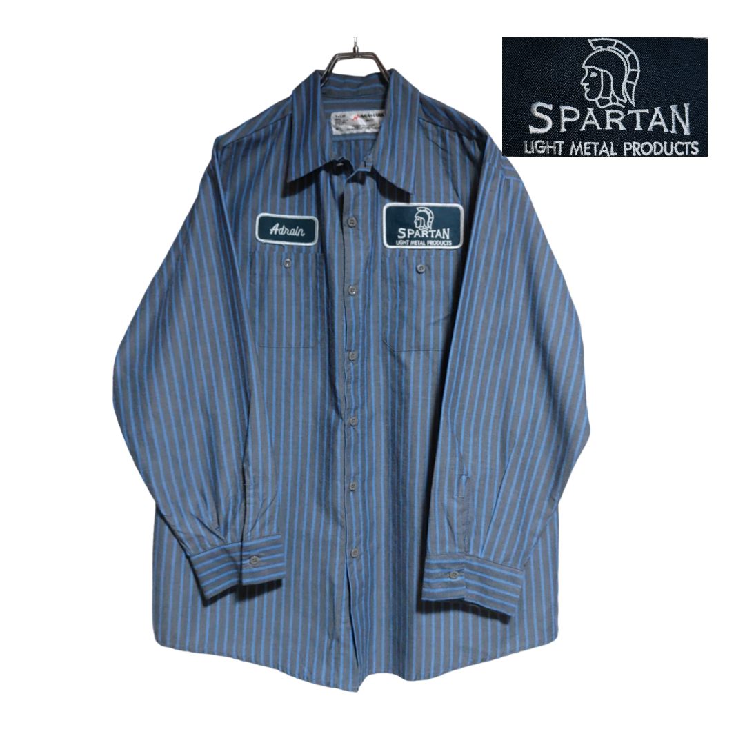 ARAMARK 長袖ワークシャツ XL オーバーサイズ ブルー グレー ストライプ ゆうパケットポスト 胸 ワッペン SPARTAN 古着 洗濯 プレス済 a65_画像1