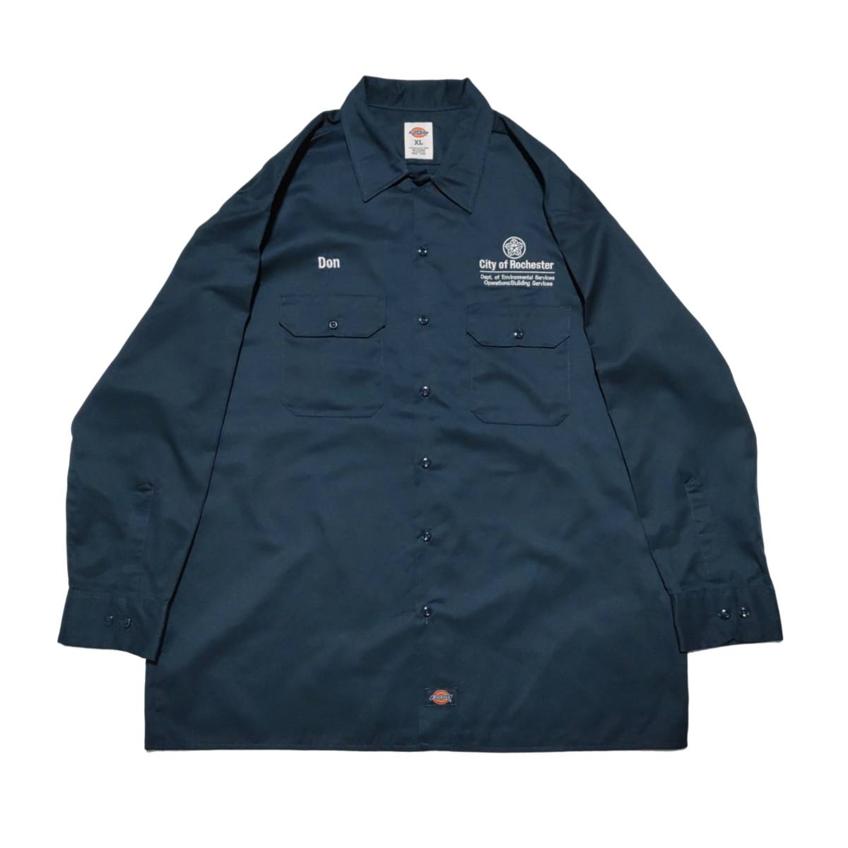 Dickies 長袖ワークシャツ size XL オーバーサイズ ネイビー 裾タグ ゆうパケットポスト可 胸 ロゴ 刺繍 Rochester 古着 洗濯 プレス済 a19_画像6