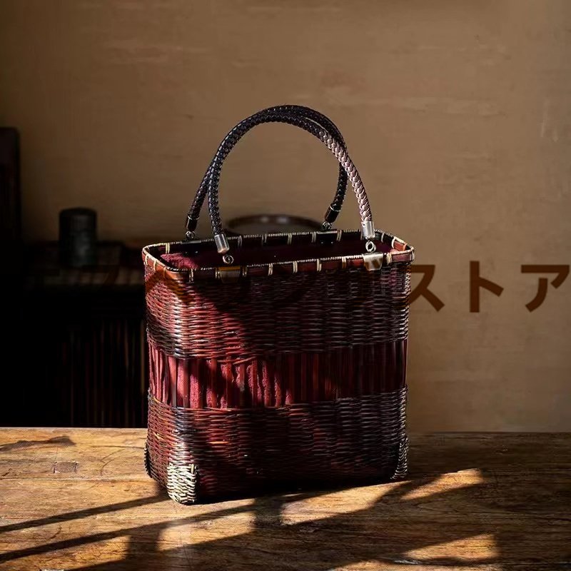 [エスペランザストア]竹編み上げ カゴバック　 手作りバスケット　お洒落買い物カゴ　収納バッグ
