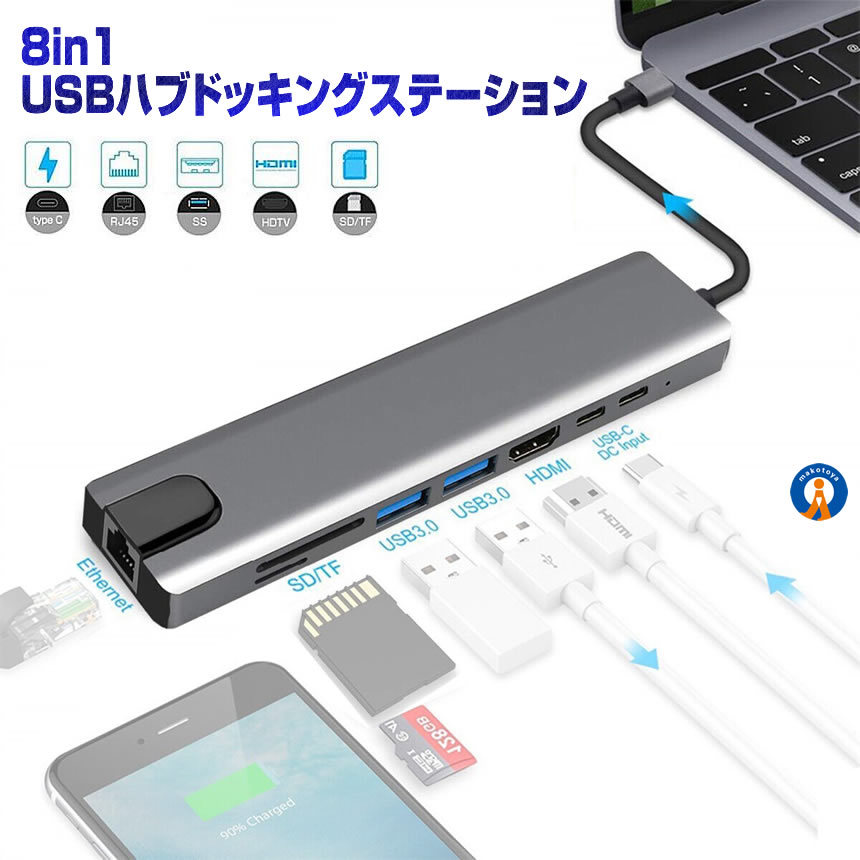 8in1 USBハブ typeC USB ドッキングステーション LANポート HDMI SDカード microSD A1140C_画像1