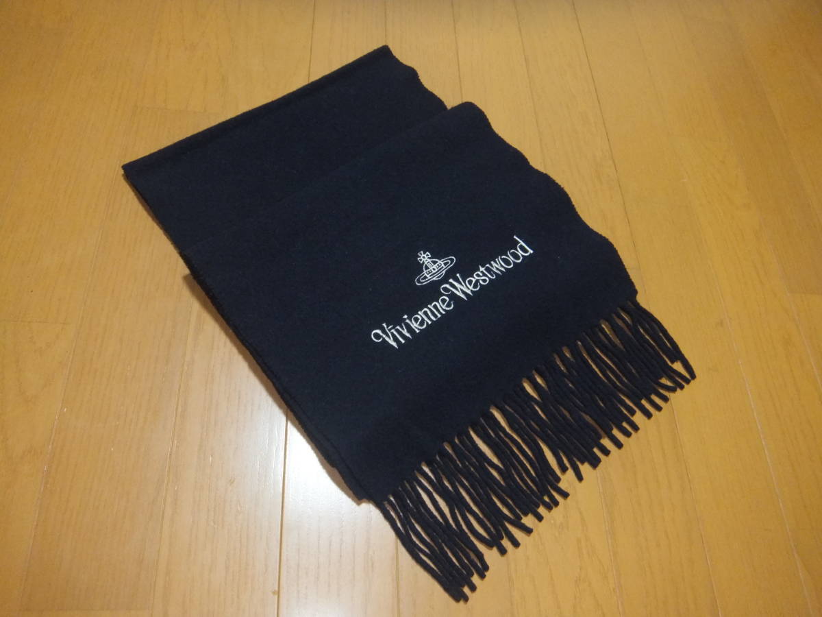 送料210円◎Vivienne Westwood MAN ヴィヴィアンウエストウッド マン *オーブ*ロゴ刺繍入り ウールマフラー 無地 ブラック_画像3