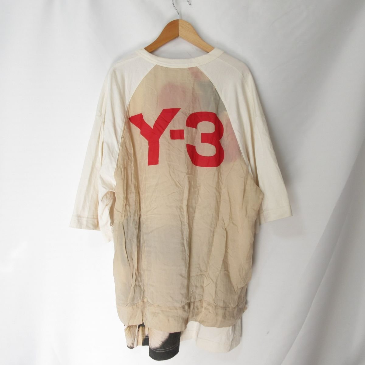 良品 Y-3 ワイスリー アディダス ヨウジヤマモト バックプリント 異素材切り替え レイヤード Tシャツ カットソー L アイボリー 115