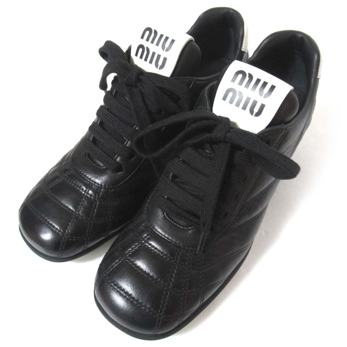  as good as new miumiu MiuMiu napa leather mid heel low cut sneakers shoes 36 size 23cm corresponding black 