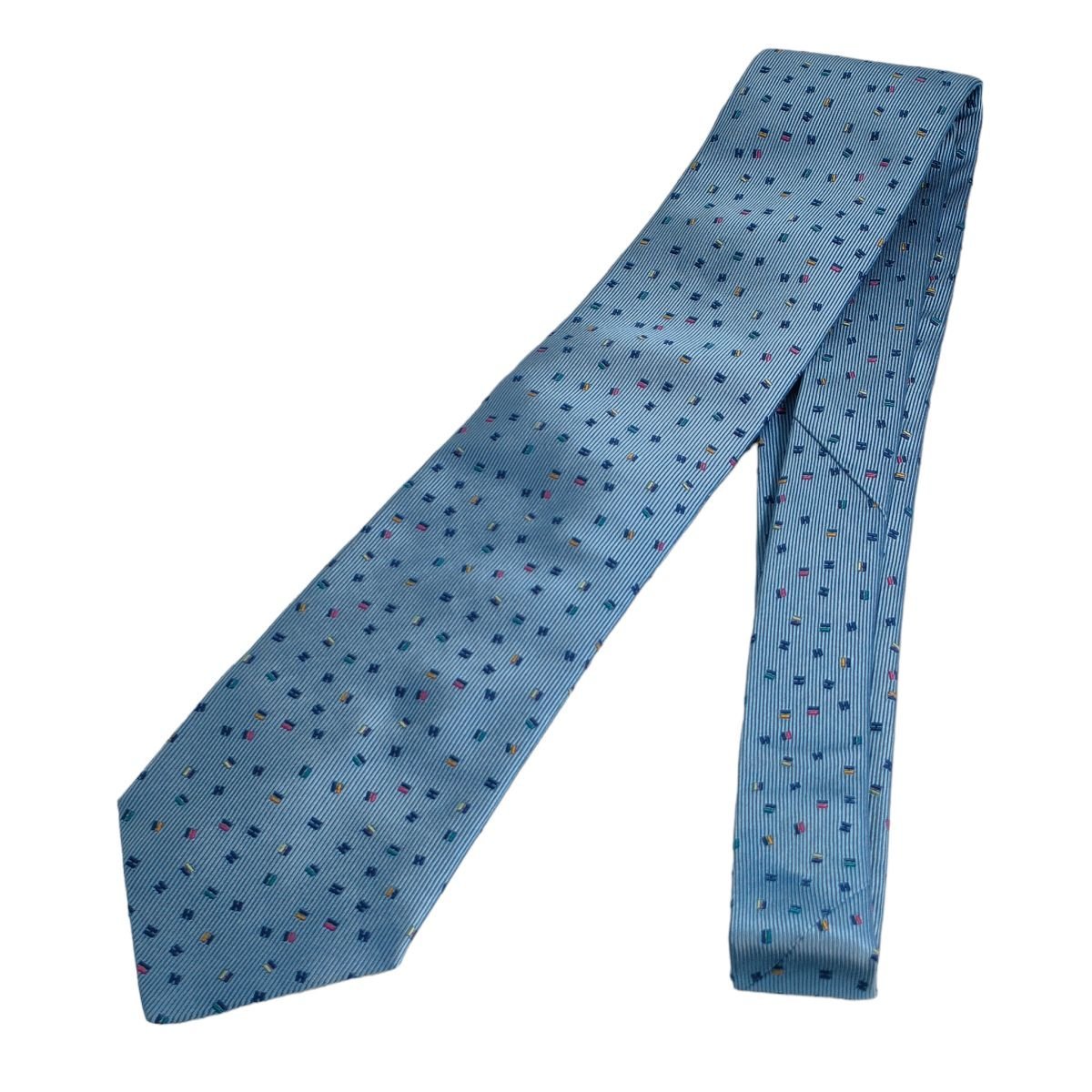 美品 HERMES エルメス シルク100％ H刺繍 総柄 レギュラータイ ネクタイ ブルー J1102_画像2