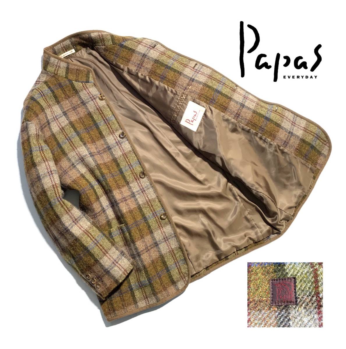 美品【定価8万超】Papas パパス アルパカ ツイードジャケット M (L相当) メンズ スタンドカラー チェック カジキロゴ【着心地抜群】日本製_画像1